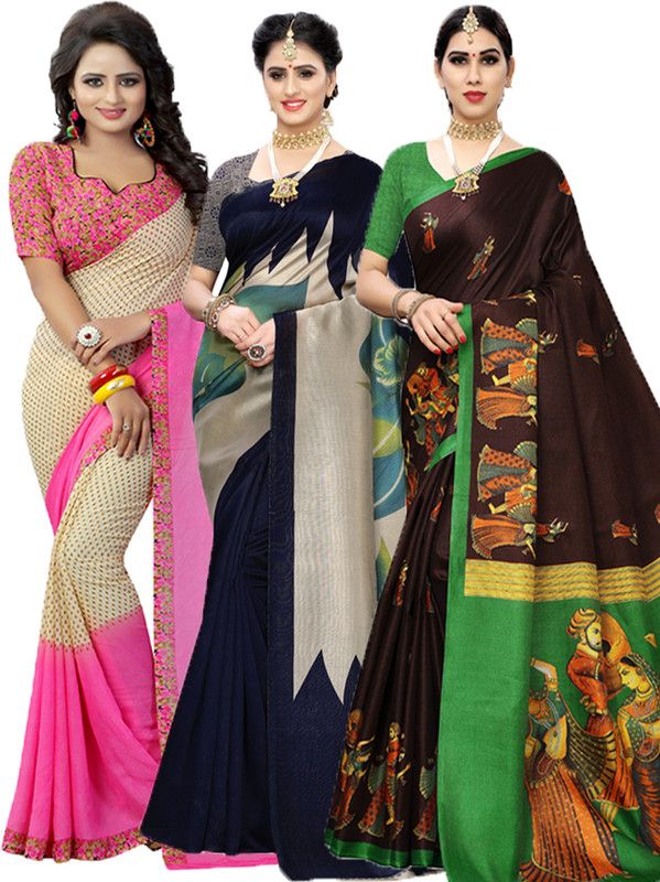 Printed Bollywood Georgette Saree  (Pack of 3, Pink, Dark Blue, Green)