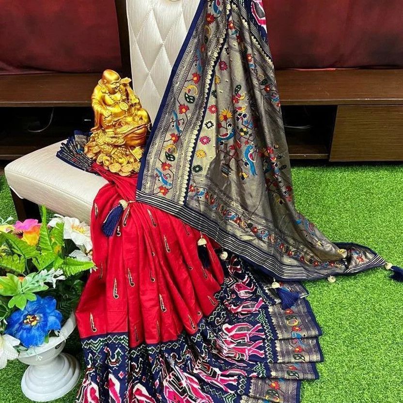 Printed Daily Wear Pure Silk Saree  (Red, Dark Blue, Multicolor)