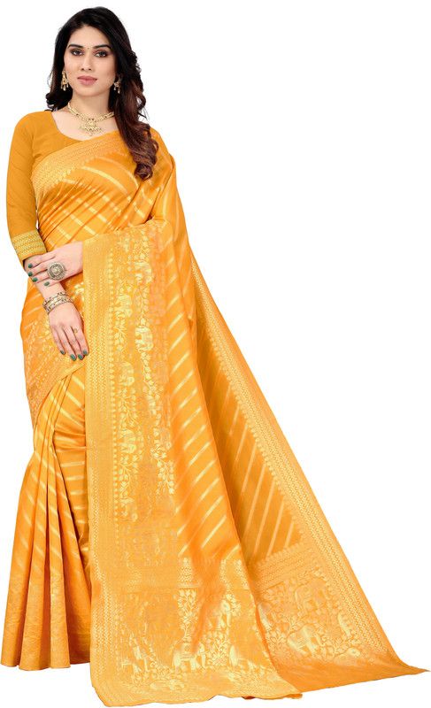 Self Design Banarasi Cotton Blend, Art Silk Saree  (Yellow)
