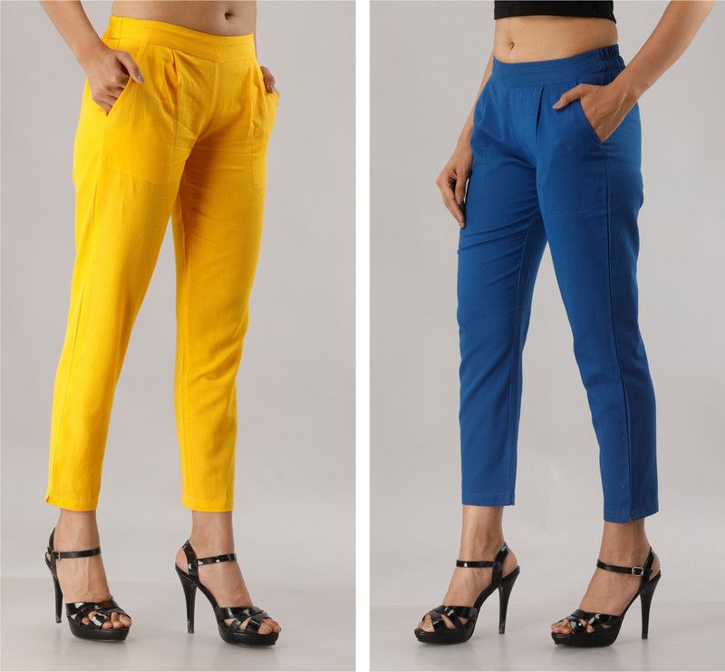 Pack of 2 Women Regular Fit Yellow, Blue Cotton Blend Trousers