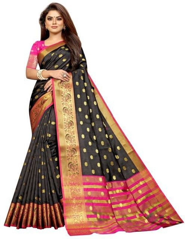 Woven Chanderi Jacquard, Cotton Silk Saree  (Black)