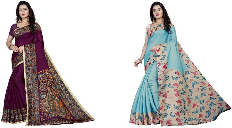 Printed Kalamkari Cotton Blend Saree  (Pack of 2, Purple, Light Blue)