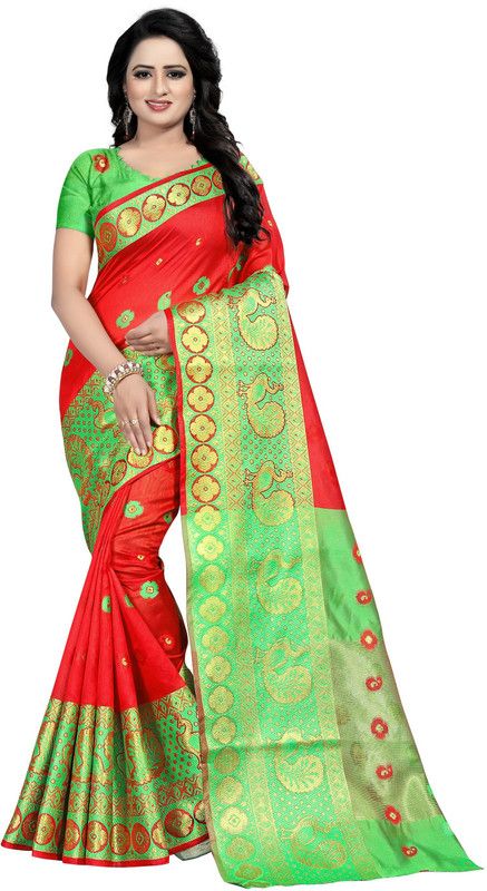 Woven Jamdani Pure Silk Saree  (Red)