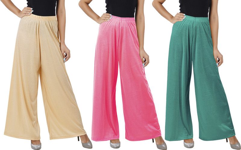 Pack of 3 Women Flared Beige, Pink, Green Cotton Blend Trousers