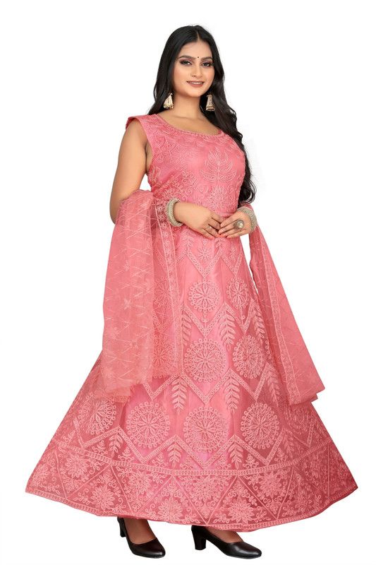 Embroidered Net Semi Stitched Straight Gown  (Green)