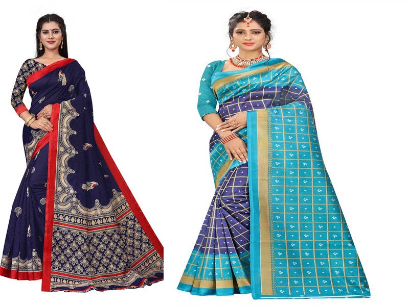 Checkered Bhagalpuri Art Silk Saree  (Pack of 2, Dark Blue, Light Blue)