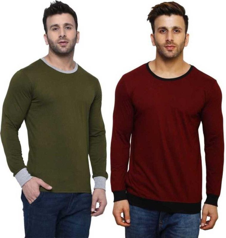 Color Block Men Round Neck Black, greenT-Shirt (Pack of 2) Men Solid Round Neck Cotton Blend Green, Maroon T-Shirt