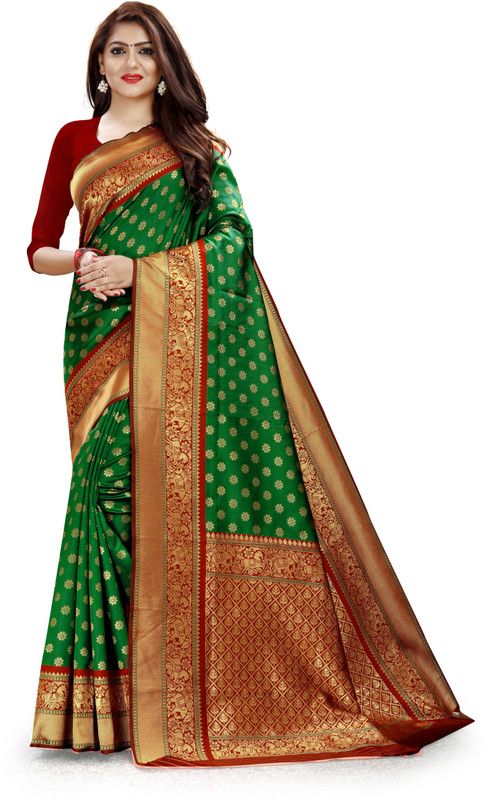 Woven Assam Silk Art Silk Saree  (Red, Green)