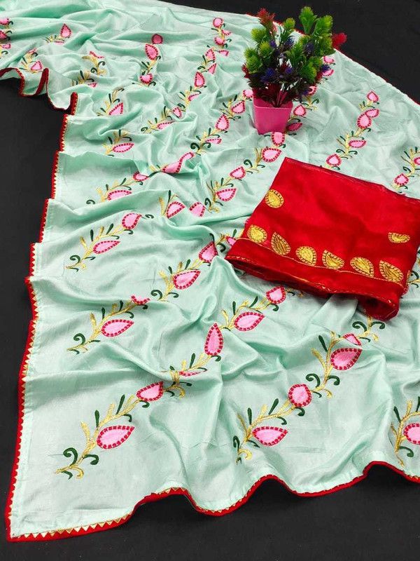 Embroidered Bollywood Dupion Silk Saree  (Light Blue)