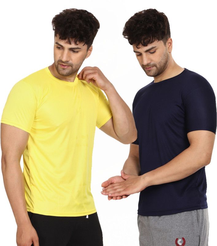 Pack of 2 SMAN_COMBO2 Navy Blue & Yellow XL Men Sporty Round Neck Polyester Blue, Yellow T-Shirt