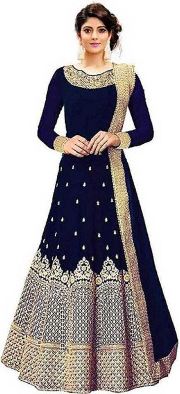 Solid Silk Blend Semi Stitched Anarkali Gown  (Blue)