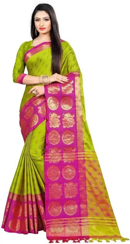 Woven Kanjivaram Jacquard, Cotton Silk Saree  (Pack of 2, Yellow)