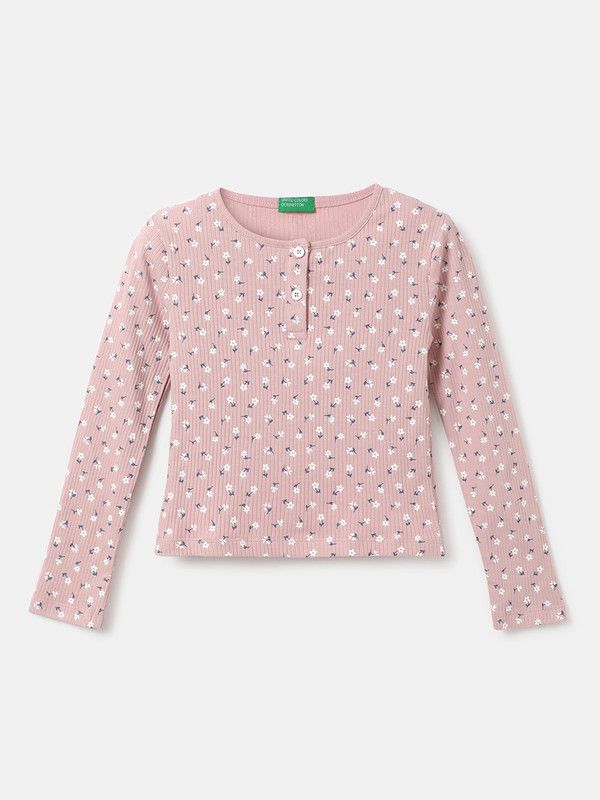 Girls Floral Print Pure Cotton T Shirt  (Pink, Pack of 1)