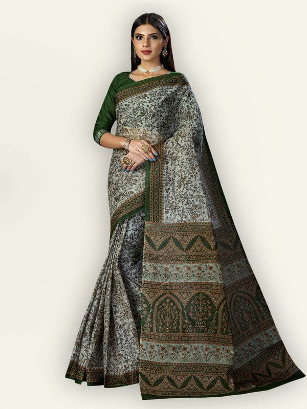 Floral Print Patola Pure Cotton Saree  (Green)