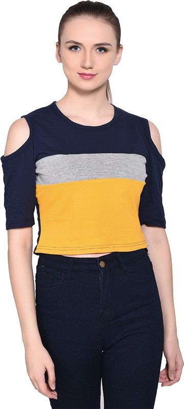 Women Striped Round Neck Cotton Blend Dark Blue, Grey, Yellow T-Shirt