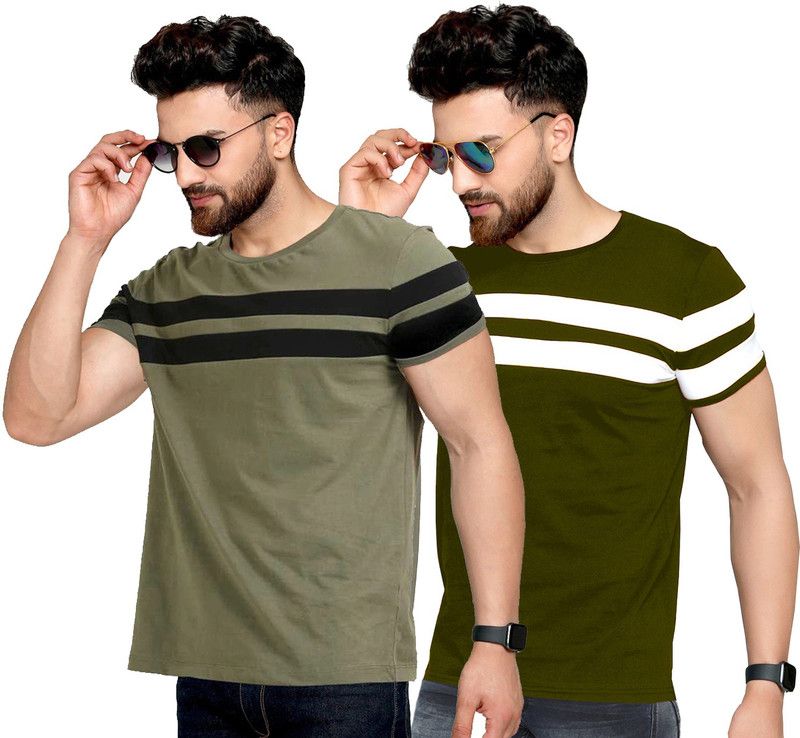 Pack of 2 Men Striped Round Neck Pure Cotton Dark Green, Green T-Shirt