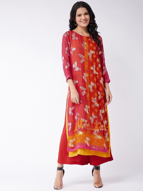 Women Block Print, Woven Design Polyester Straight Kurta  (Multicolor)