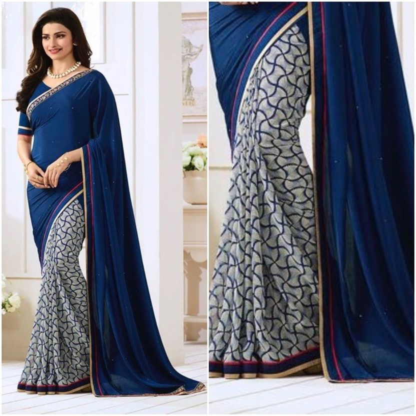 Printed Daily Wear Georgette, Chiffon Saree  (Blue, Grey)