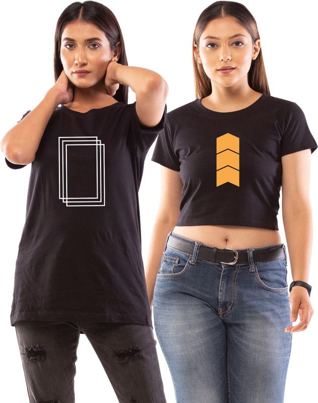 Pack of 2 Women’s Printed T-Shirt | Combo of Crop top and Half Sleeve T Shirts | Women Printed Round Neck Pure Cotton Black T-Shirt