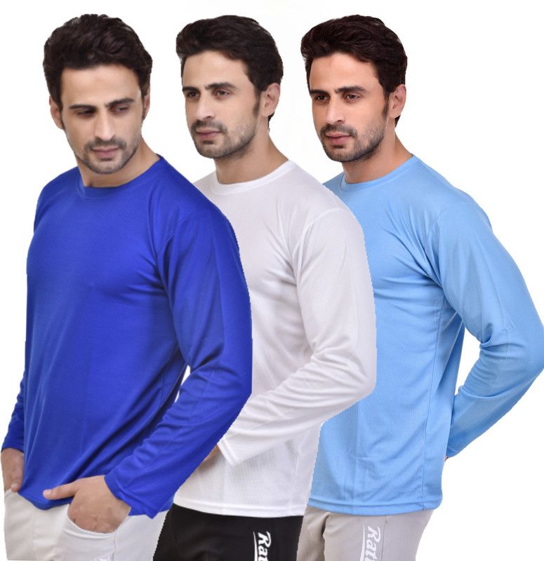 Pack of 3 Men Solid Round Neck Polyester Light Blue, White, Blue T-Shirt