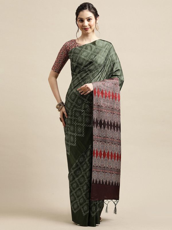 Geometric Print Bollywood Silk Blend Saree  (Dark Green)