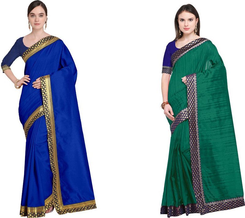 Solid/Plain Bhagalpuri Silk Blend Saree  (Pack of 2, Green, Blue)