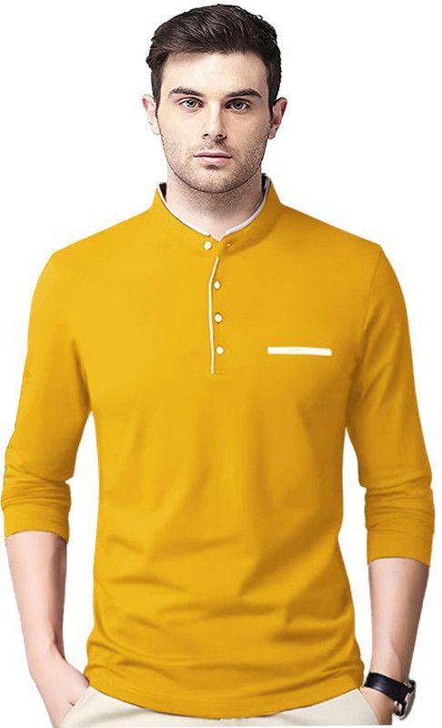 Men Solid Mandarin Collar Cotton Blend Gold T-Shirt