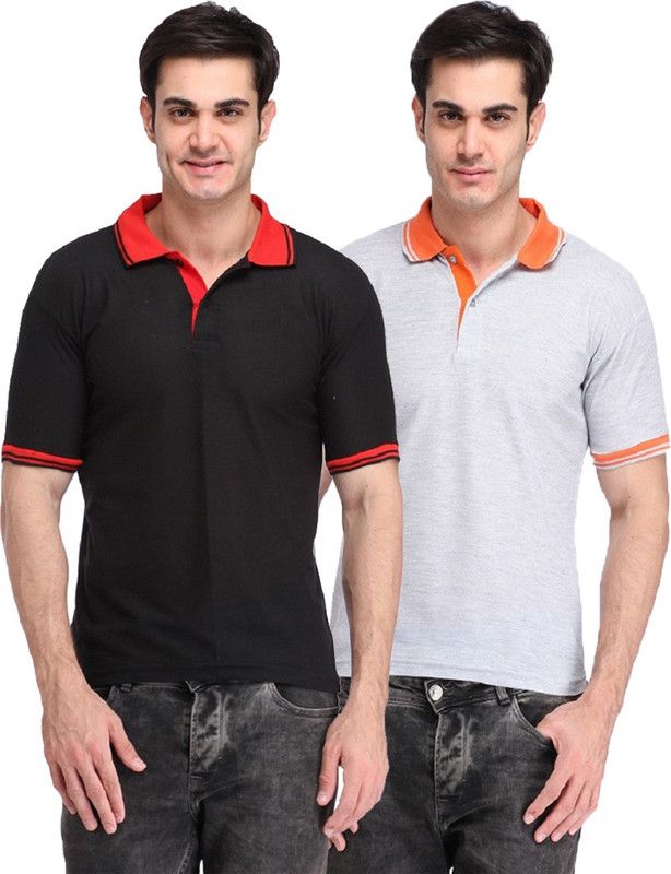 Pack of 2 Men Solid Polo Neck Poly Cotton Black, Grey T-Shirt