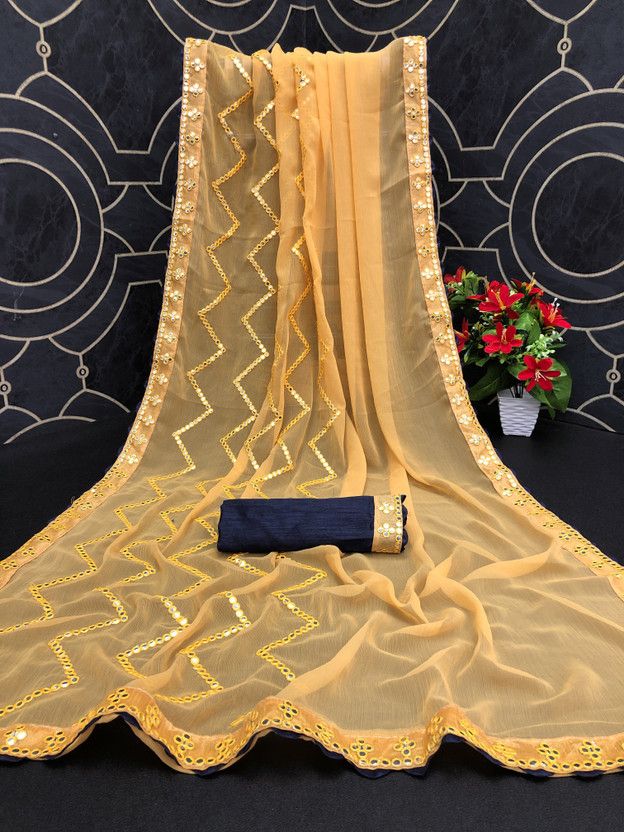 Printed, Striped Daily Wear Chiffon Saree  (Mustard)