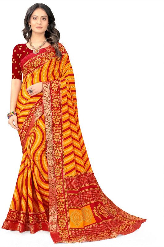 Embellished, Floral Print, Striped, Printed Leheria Silk Blend Saree  (Orange, Red)