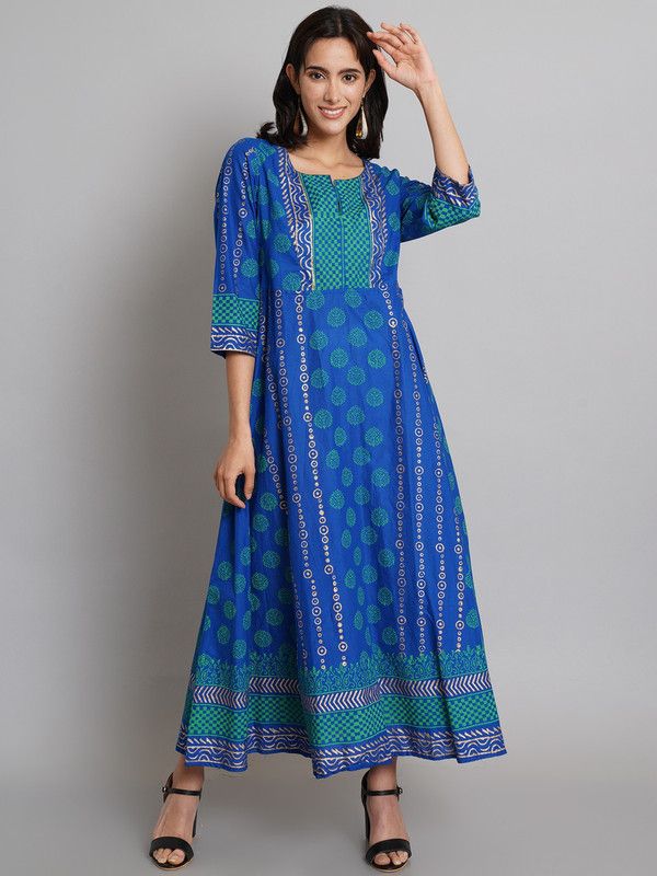 Women Block Print Cotton Rayon Anarkali Kurta  (Blue)