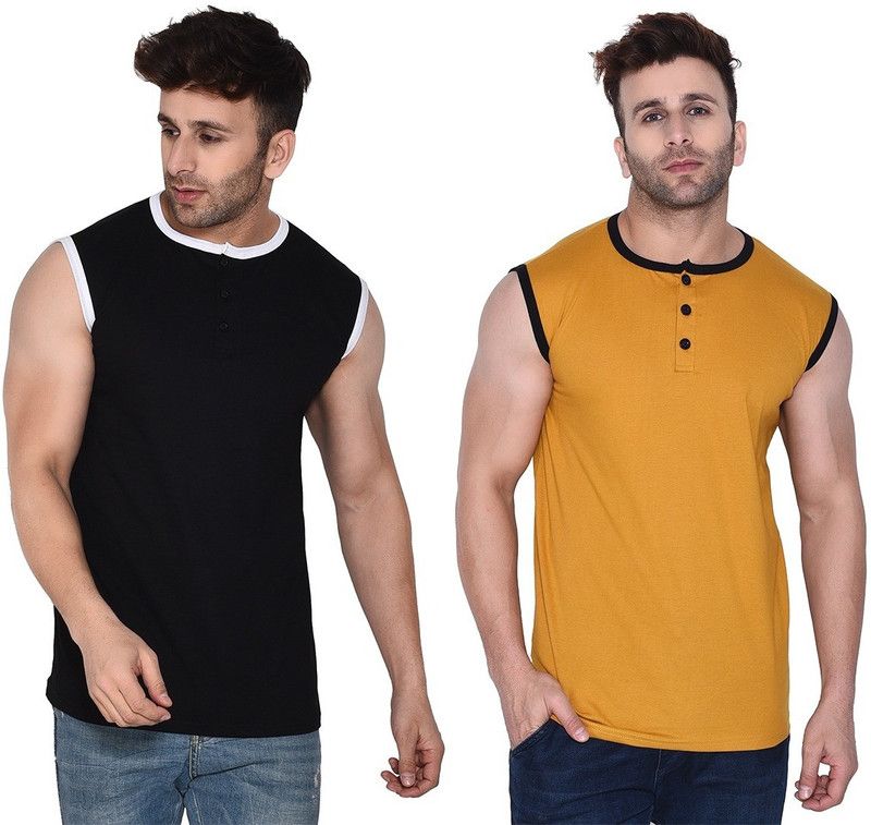 Pack of 2 Men Solid Henley Neck Cotton Blend Gold, Black T-Shirt