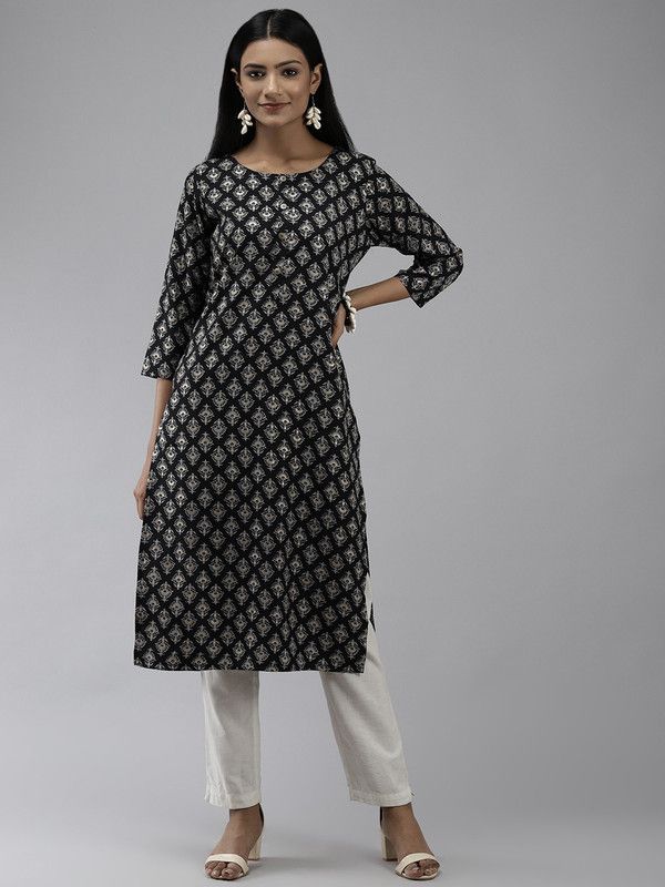 Women Floral Print Polyester Straight Kurta  (Black)
