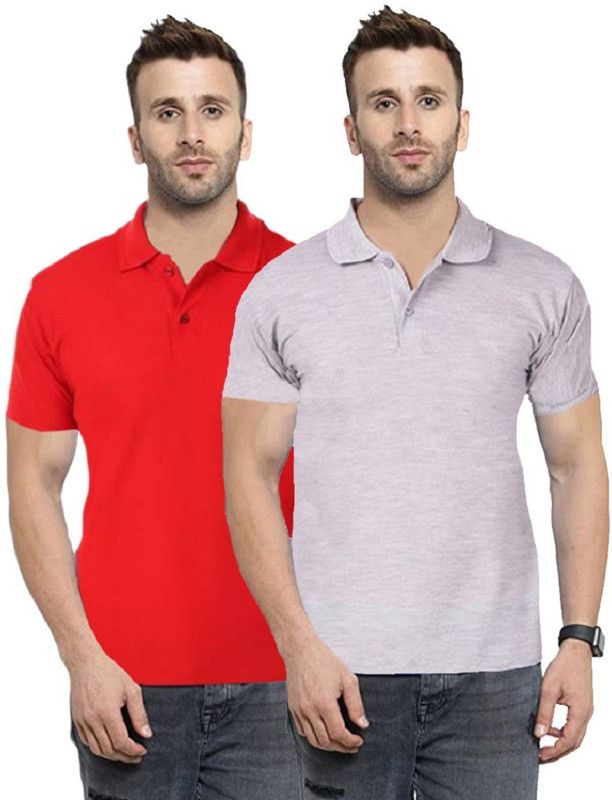 Pack of 2 Men Solid Polo Neck Reversible Cotton Blend Red, Grey T-Shirt