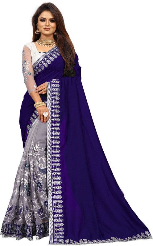 Solid/Plain Bollywood Net, Art Silk Saree  (Silver, Blue)