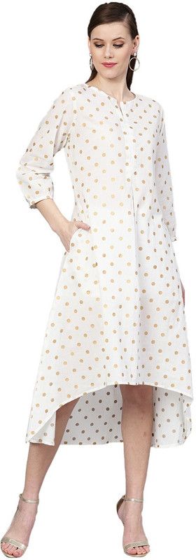 Women Polka Print Cotton Blend A-line Kurta  (White)