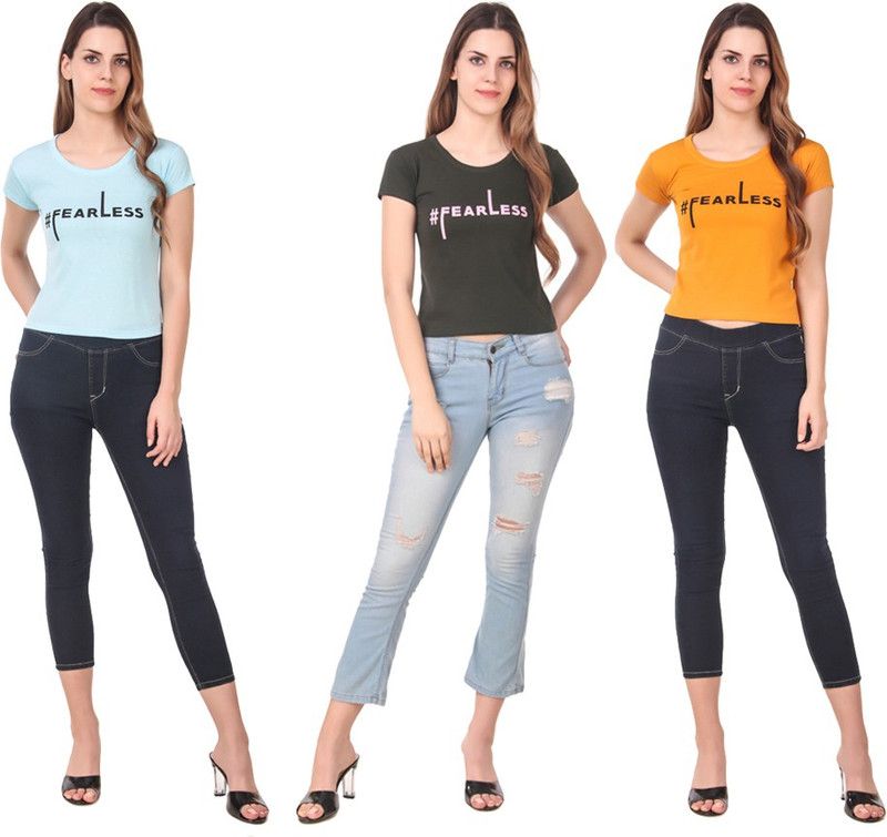 Pack of 3 Women Graphic Print Round Neck Cotton Blend Light Blue, Dark Green, Yellow T-Shirt