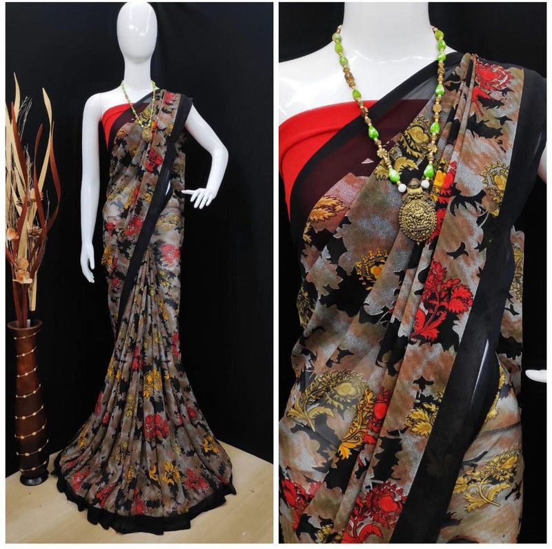 Digital Print Fashion Chiffon Saree  (Black)