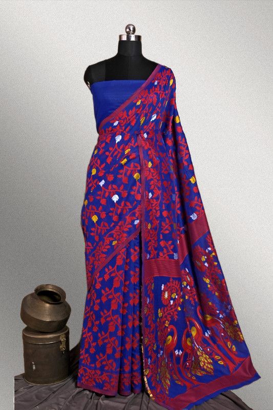 Woven Jamdani Cotton Silk, Pure Cotton Saree  (Blue, Red)