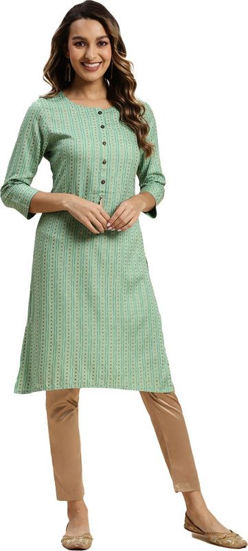 Women Striped Viscose Rayon Straight Kurta  (Green)