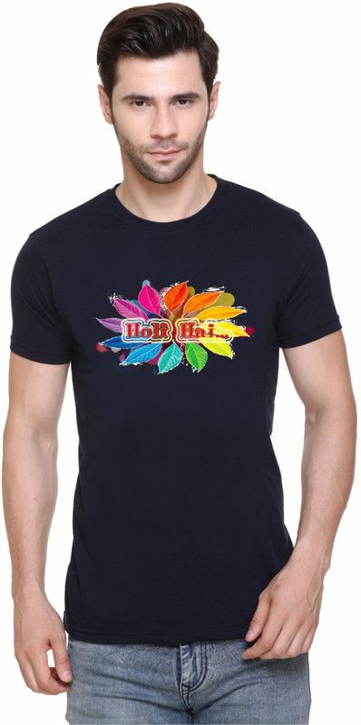 Men Printed Round Neck Poly Cotton Dark Blue T-Shirt
