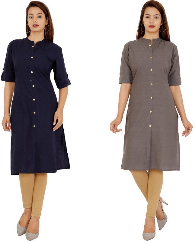Pack of 2 Women Solid Pure Cotton Straight Kurta  (Dark Blue, Grey)
