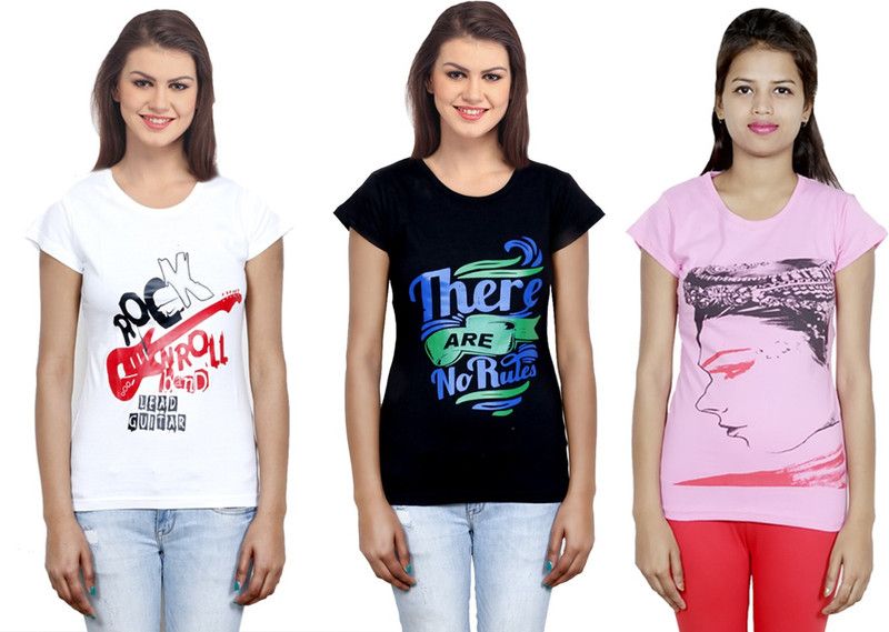 Pack of 3 Women Printed Round Neck Cotton Blend White, Black, Pink T-Shirt