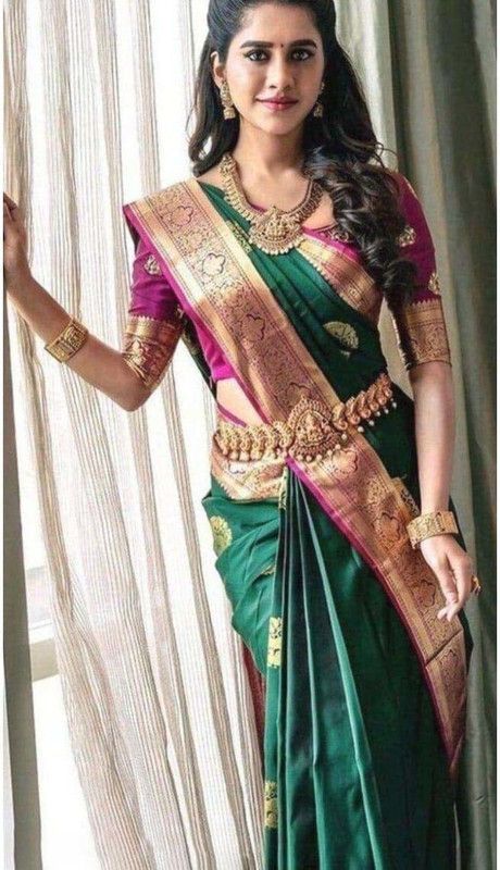 Woven Banarasi Jacquard Saree  (Dark Green, Red)