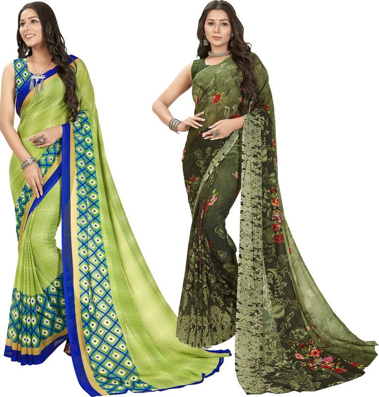 Paisley, Ombre, Striped, Geometric Print, Floral Print, Checkered Daily Wear Georgette Saree  (Pack of 2, Green)