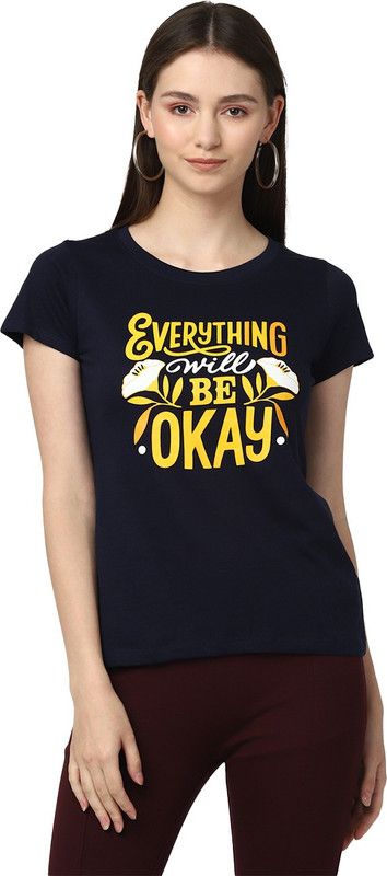 Women Typography Round Neck Pure Cotton Navy Blue T-Shirt