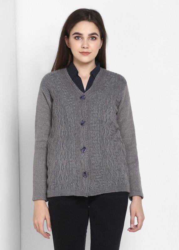 Women Woven V Neck Grey Sweater