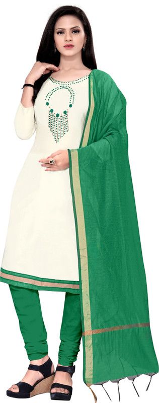 Unstitched Pure Cotton Kurta & Churidar Material Embroidered