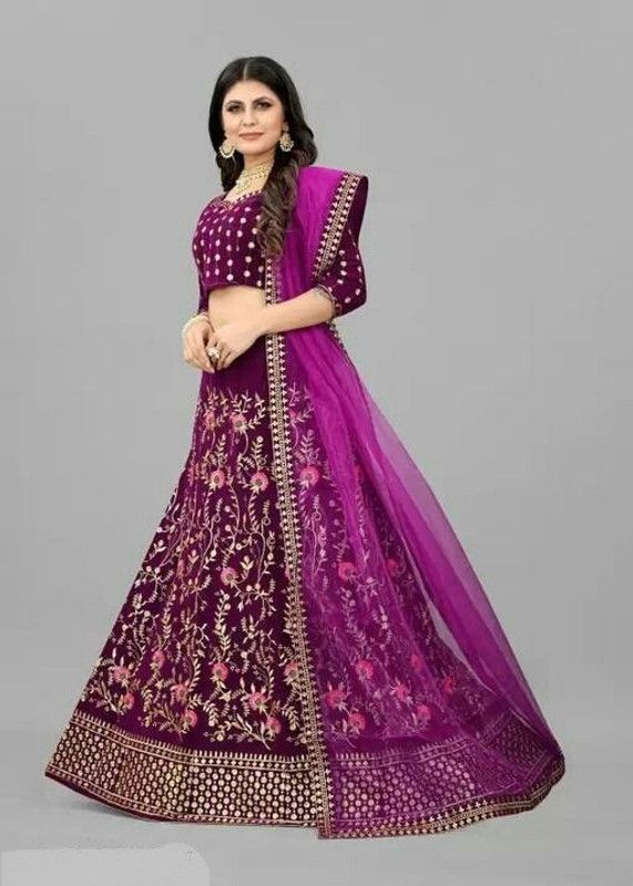 Embroidered Semi Stitched Lehenga Choli  (Purple)