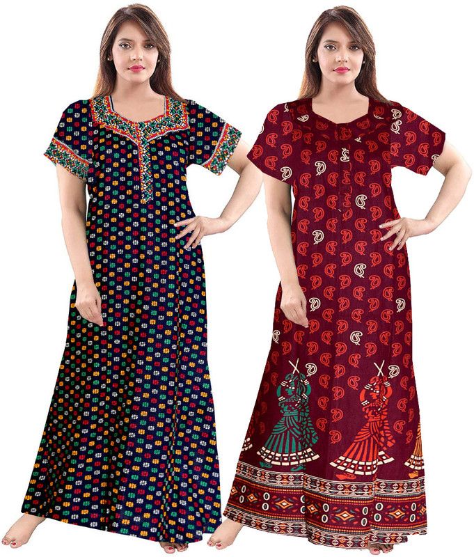 Pack of 2 Women Nighty Set  (Blue, Maroon)